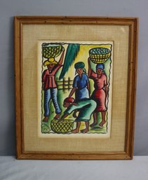 Original Watercolor By Haitian Artist Dominique Pierre Four Figures Three Baskets, Signed And Framed