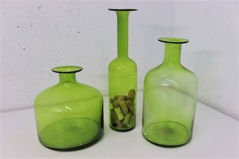 Trio Of Hand-Blown Antique Green Wide Rim Vases