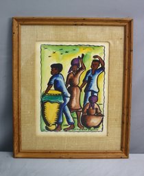 Original Watercolor By Haitian Artist Dominique Pierre One Drum, Birds, Four Figures, Signed And Framed