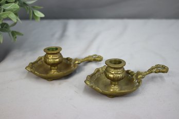 A Pair Of Vintage Solid Brass Rococo Chamberstick Candle Holders