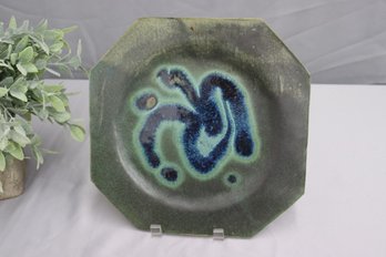 Vintage Handmade Pottery Plate -Green & Blue Signed  S. Leshe Wishingrad
