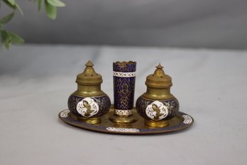 Vintage MCM Brass Enamel Salt & Pepper Shaker With Toothpick Holder On An Oval Tray Set