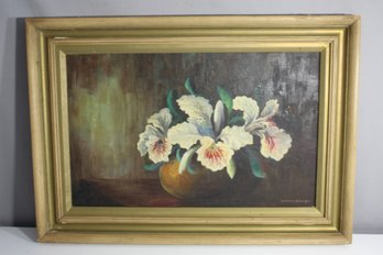 Signed Floral Still Life Of Orchids, Oil On Canvas