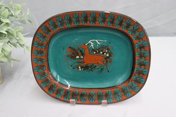 Hand Made Art Pottery Tribal Motif Stoneware Serving Platter, Signed