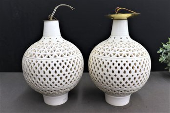 Pair Of Pierced Tessellated Moroccan Bazaar Hanging Lamps