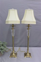 Pair Of Glass And Brass-finish Table Lamps With Pleated And Braided Bell Shades