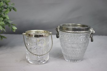 Two Vintage MCM Glass Crystal Ice Buckets One With Lion Head Handles  & Other Cylinder With Silver Plate Rim