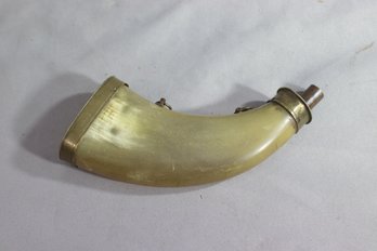 Antique Powder Flask In Horn With Brass Hardware