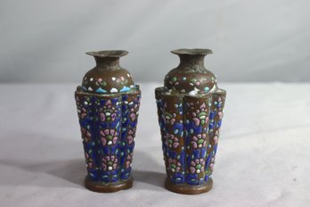 Two Vintage Syrian Copper And Blue Ground Enamel Small Vases