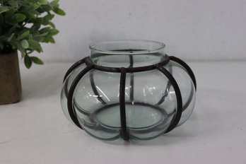 Glass Gourd Vase In Wrought Iron Cage