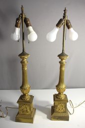 Pair Of Brass Column Form Table Lamps