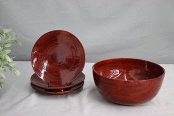 Vintage Handmade Red Lacquered Bamboo Decorative Bowl & 3 Plates - Made In Vietnam