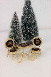 Cobalt/Gold Miniature Table & Chairs With Limoges Porcelain Plaques & Gilt Wire