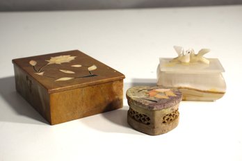 Set Of 3 Stone Inlay Decorative Boxes With Floral And Dove Motifs