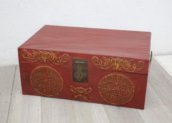 Antique Chinese Export Red Leather Trunk With Embossed Designs