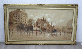 Midcentury French Parisian Scene Oil Painting In Gilt Frame Signed A. De Fusco