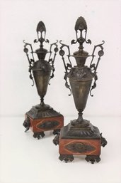 Pair Of Excellent Vintage French Empire Metal Urn On Marble Bases