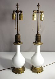 Pair Of Mid Century Modern  Celadon And Bronze Base  Oil Lamps