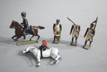 Group Lot Of 5 Vintage Painted Metal Toy Soldiers - 2 On Horseback & 1 Headless