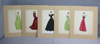 Group Lot Of 5 Original Color Women's Fashion Sketches By Anita K.H.  Signed