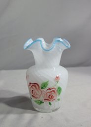 Teleflora Optic Swirl Blue Ruffle Wavy Rim Vase With Hand Painted Roses