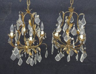 Pair Of Italian 4-Light Chandeliers With Crystal Drops