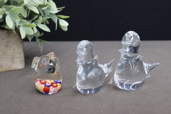 Millefiore Style Blown Glass Elephant AND Hand Blown Glass Mama Bird And Chick Figurines