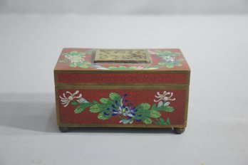 Vintage Chinese Floral Motif Cloisonne Box With Carved Jade Medallion