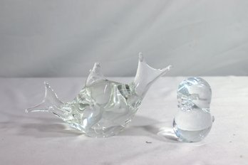 Two Hand Blown Clear Crystal Pieces: Signed Abstract Water Drop And Little Birdie (unsigned)