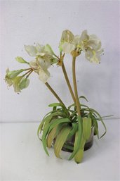 Artificial White Amarylis Flowers With Bulbs In Glass Round