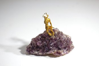 Golden Satyr Figurine On Amethyst Crystal Base