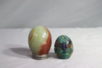 Green Onyx Stone Egg On Metal Ring Stand & Eilat Stone Style Resin Egg