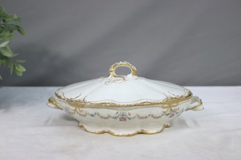 Vintage Theodore Haviland Limoges Gold & White Tureen/Covered Oval Bowl