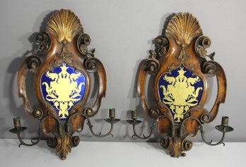 A Pair Of Walnut, Parcel-gilt And Verre Glomis Wall Sconces