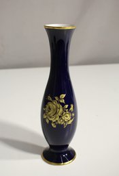 German Cobalt Blue Porcelain Vase With 22K Gold Floral Design