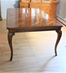 French Provincial Style Walnut & Burlwood Parquet Dining Table With Two Leaves