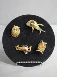 #47--Collection Of Four Vintage Brooches - Owl, Fish, And Bird Designs