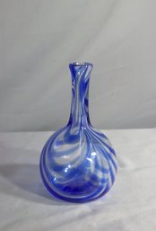 Vintage Hand Blown Swirled Blue On Clear Art Glass Vase