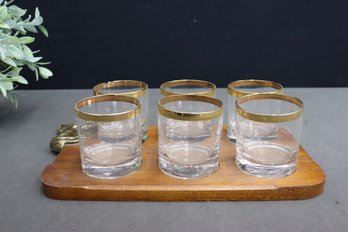 Group Lot Of  MCM Gold Band Rim Rocks Glasses On Wood Serving Tray With Brass Bull's Head (chip To 1 Glass )