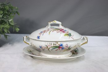 Vintage Floral On White & Gold Detail China Tureen And Underplate