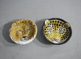 Set Of 2 Vintage MCM Hand-painted Italian Pottery Lion & Spotted Leopard Bowls