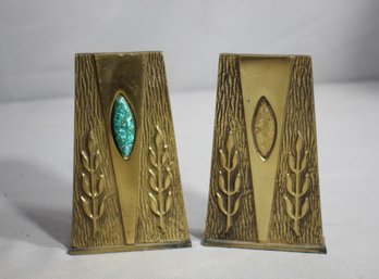 Vintage Brass Bookends With Turquoise Inlay - One Missing Stone