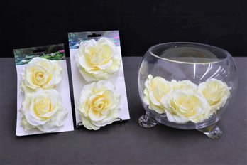 Group Lot Of Yellow Rose Floating Flowers (artificial) And Tripod Fish Bowl Vase