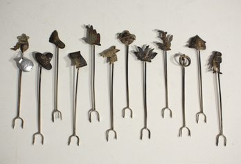 Set Of 12 Vintage Mexican  925 Silver Cocktail Picks With Decorative Tops