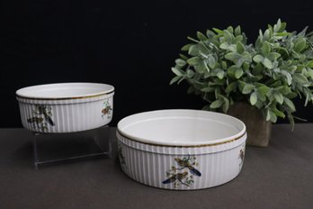 Two (med. And Lg.) Pillivuyt Porcelain Exotic Bird Fluted Baking Dishes