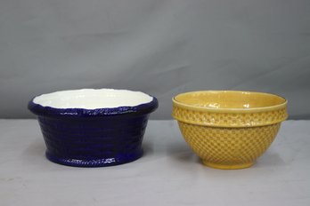 Checkerboard  Glazed Yellowware Bowl & Basketweave Cobalt Blue With White Inside Bowl