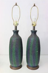 Two Vintage Blue/Green Ceramic Slender Jar Lamps