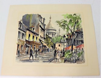Vintage Franz Herbelot Du Tertre Hand Painted Watercolor Art Print Of Place, Unsigned