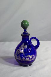 Antique Cobalt Blue Glass Decanter With Pictorial Silver Overlay
