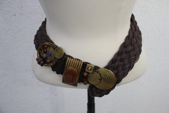 Vintage Braided Leather, Bead & Coin Handmade Belt